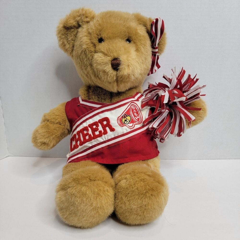 Build-A-Bear Cheerleader Plush Tan in Red Cheer Cheerleading Top, Bow and Pom